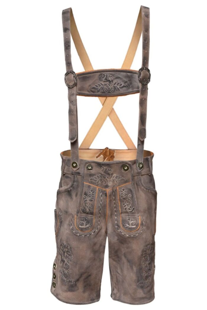 Bavarian-style sandy gray waxed lederhosen made from genuine leather