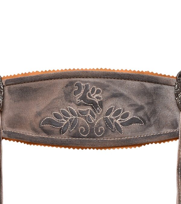 Suspender view of Bavarian sandy gray waxed lederhosen with traditional embroidery
