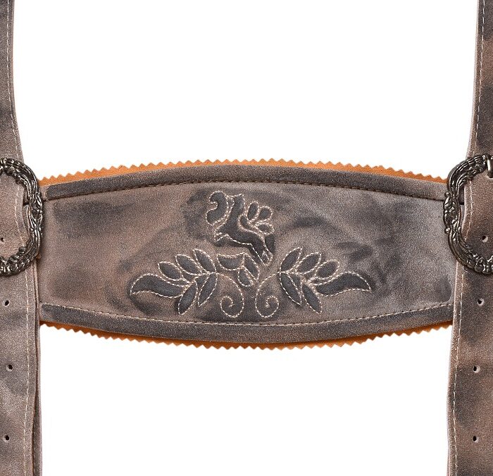 Suspender view of Bavarian sandy gray waxed lederhosen with traditional embroidery