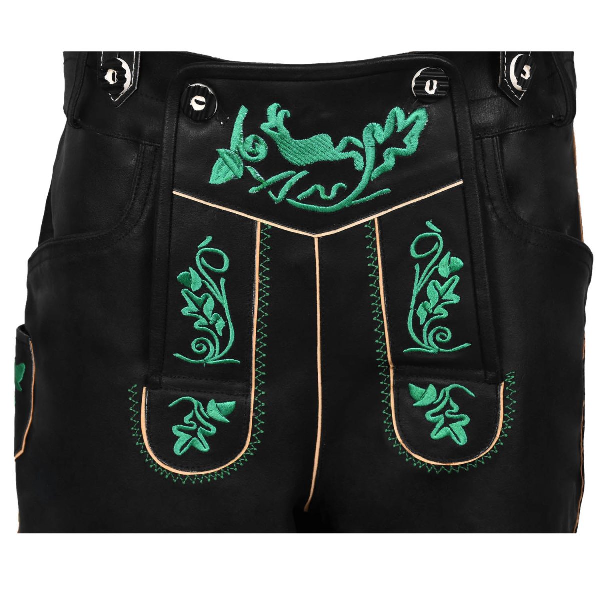 black real leather lederhosen with green embroidery