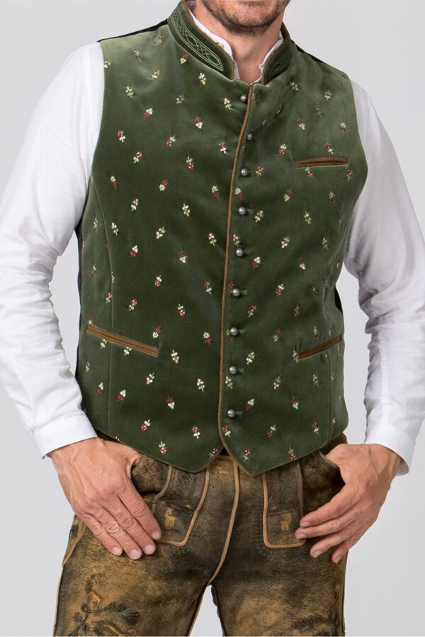 Bavarian green velvet lederhosen vest embroidery focused
