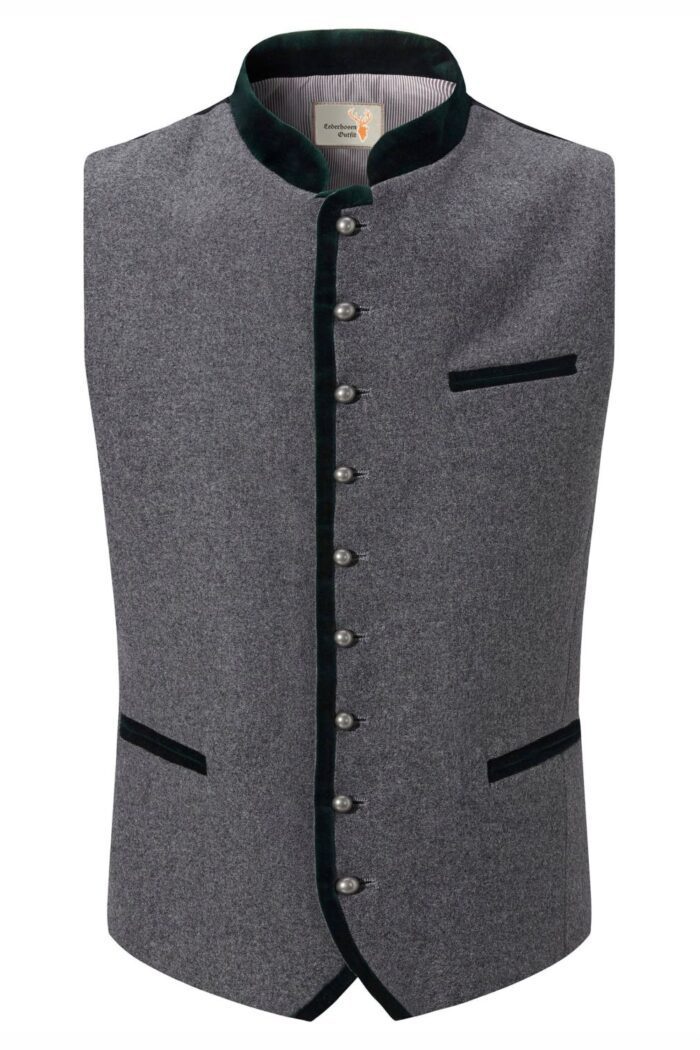 Gray German lederhosen vest, traditional Bavarian attire for Oktoberfest