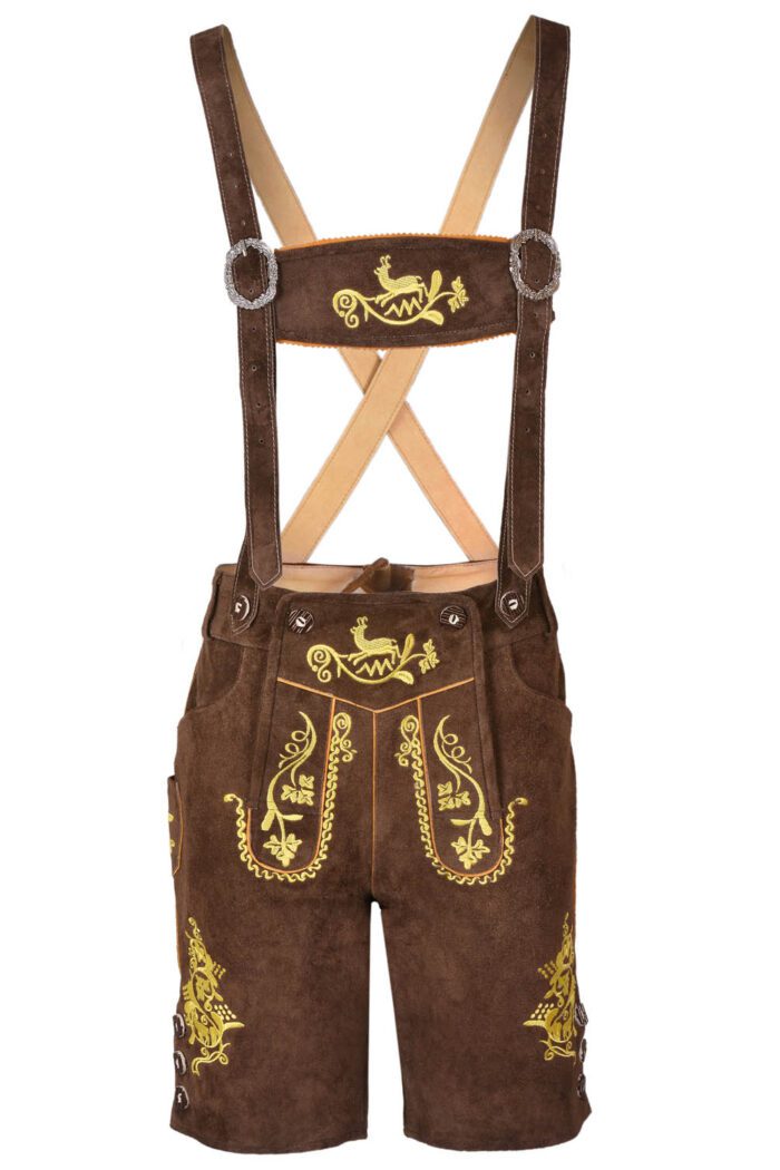 Wood brown trachten short lederhosen, traditional Bavarian Oktoberfest outfit for men