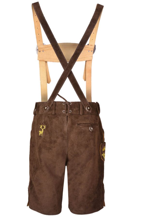 Back view of wood brown Trachten shorts lederhosen, traditional German Oktoberfest attire