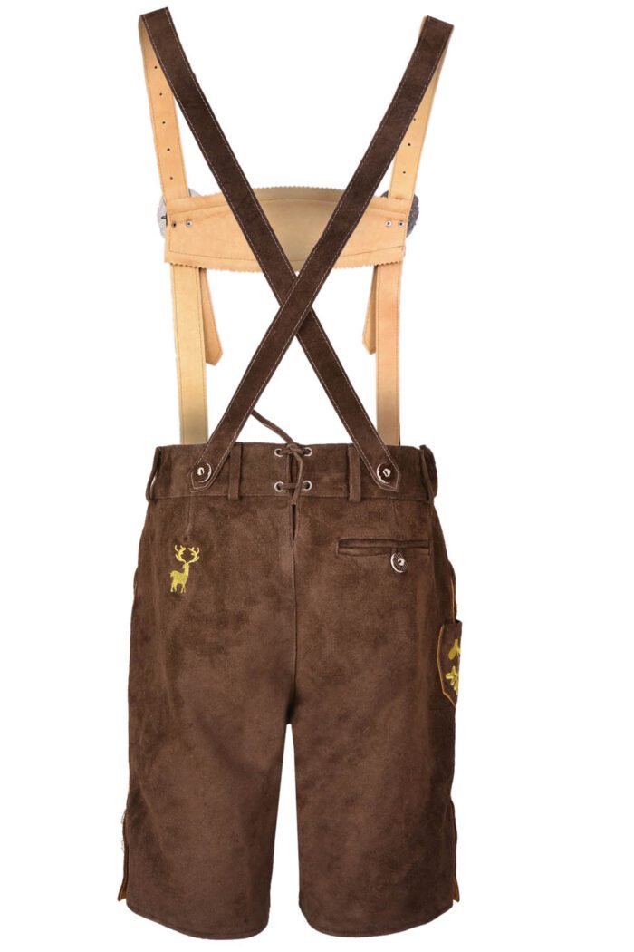 Back view of wood brown Trachten shorts lederhosen, traditional German Oktoberfest attire