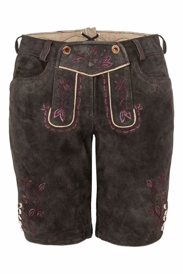 Floral embroidered brown Bavarian lederhosen, traditional German Oktoberfest attire