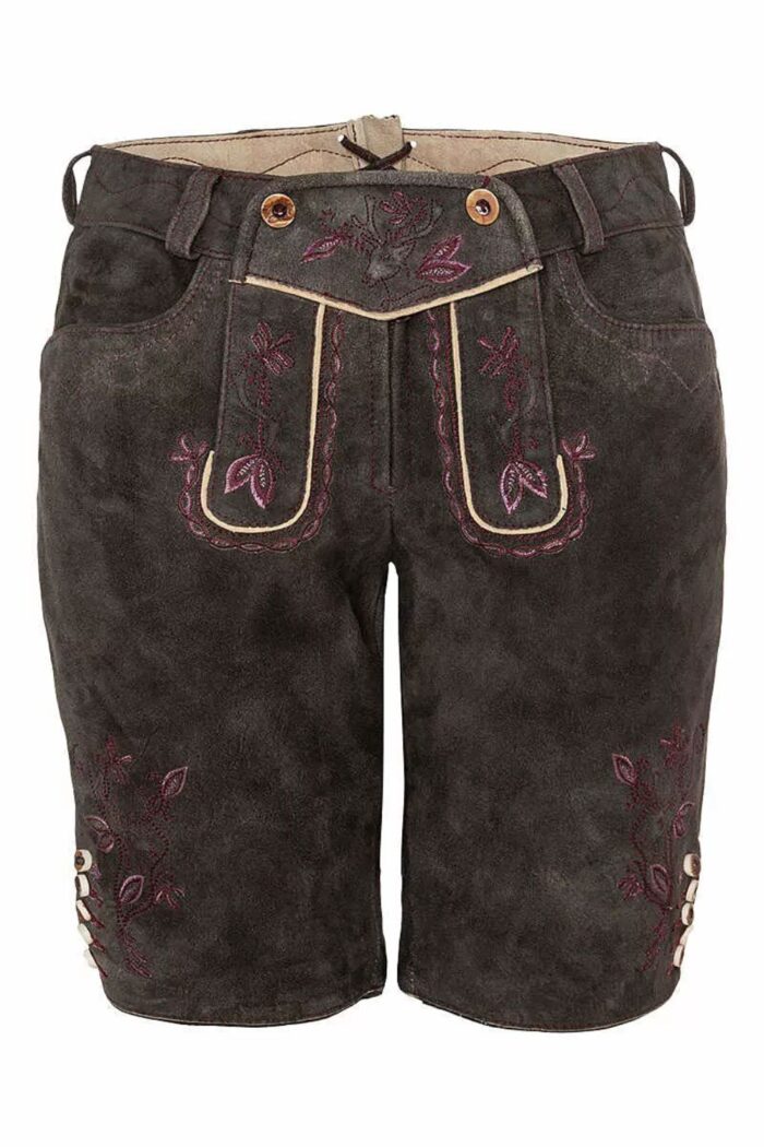 Floral embroidered brown Bavarian lederhosen, traditional German Oktoberfest attire