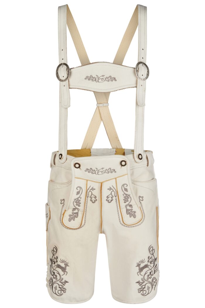 White Bavarian Breeches Authentic Oktoberfest Lederhosen for Sale Front