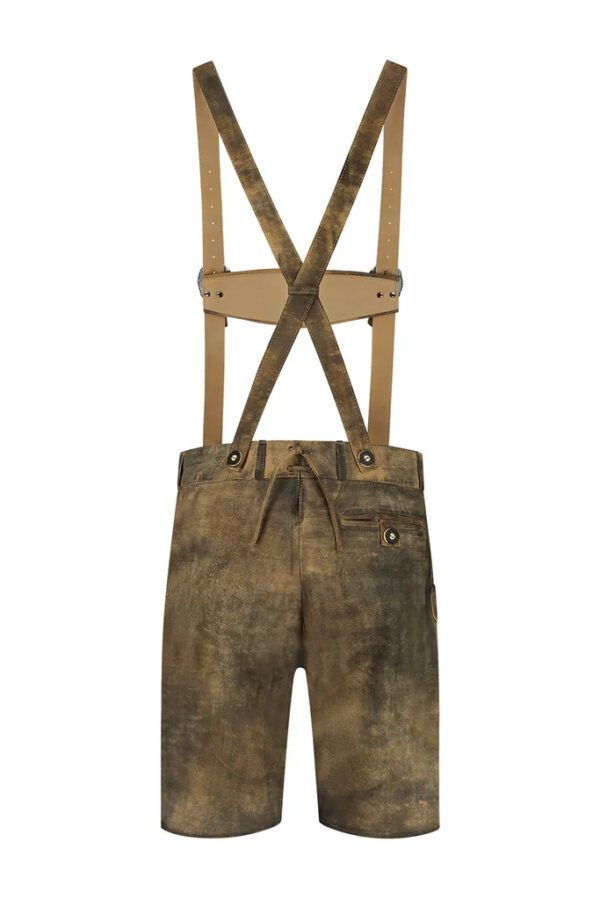 Elegant traditional German clothing for men featuring classic lederhosen, back view
