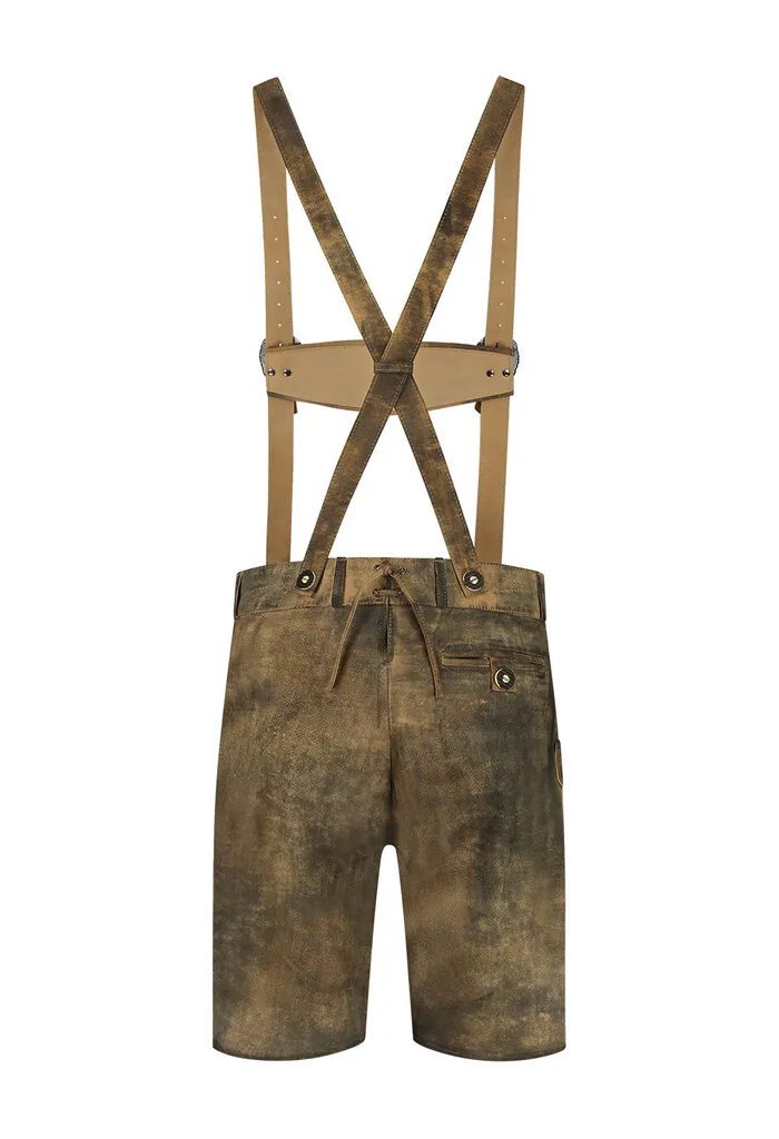 Elegant traditional German clothing for men featuring classic lederhosen, back view