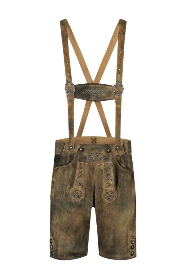 Elegant traditional German clothing for men featuring classic lederhosen, front view