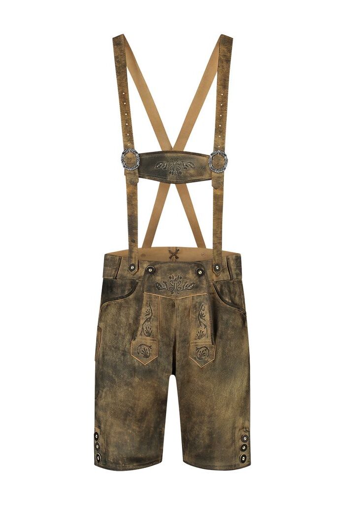 Elegant traditional German clothing for men featuring classic lederhosen, front view