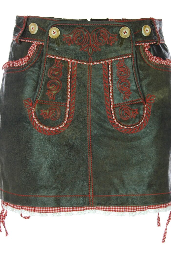 Women's lederhosen skirt front view, traditional German dress for Oktoberfest