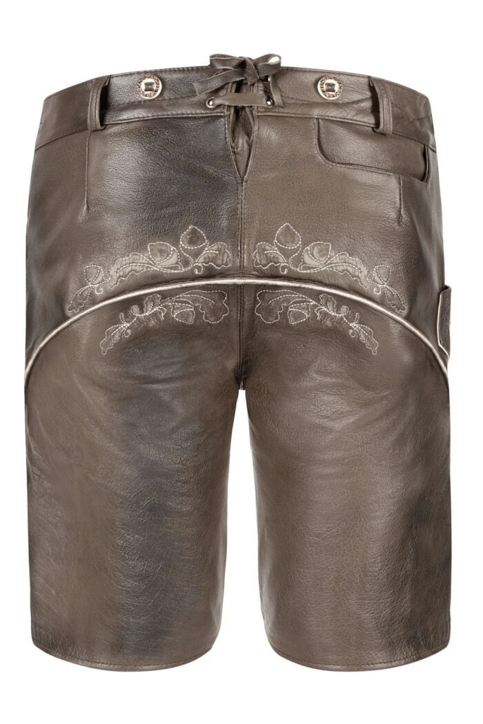 Back of authentic German outfit gray lederhosen for men