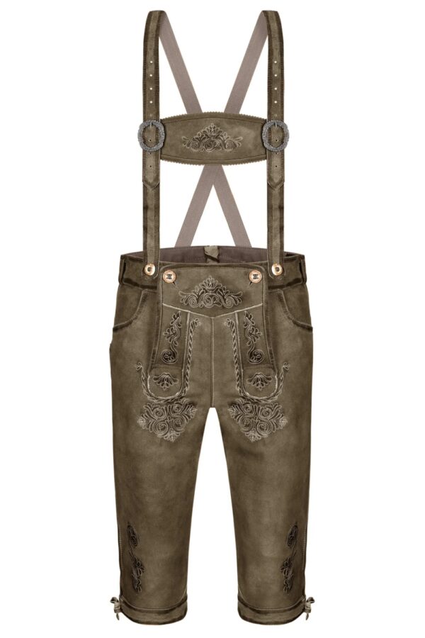 Front view of authentic Oktoberfest wear Bundhosen with suspender
