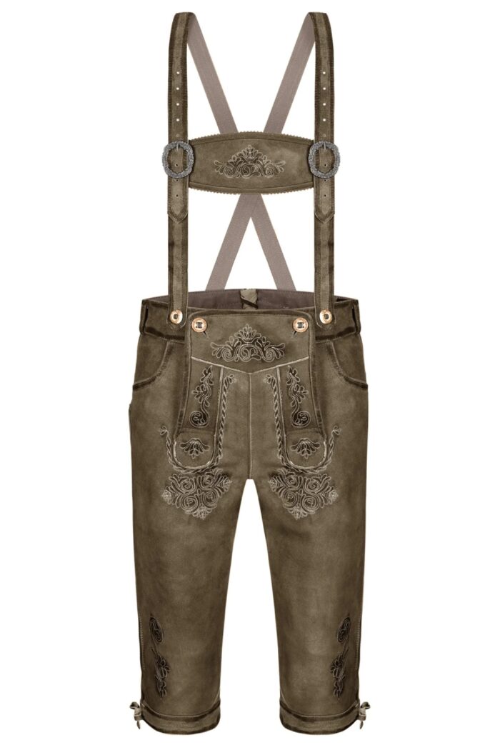 Front view of authentic Oktoberfest wear Bundhosen with suspender