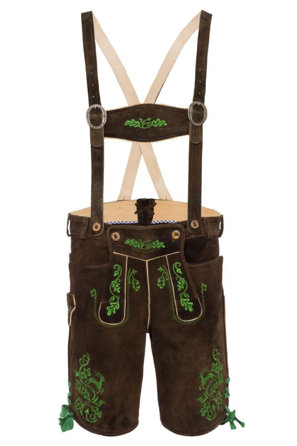 Bavarian suede lederhosen with green oak leaf embroidery