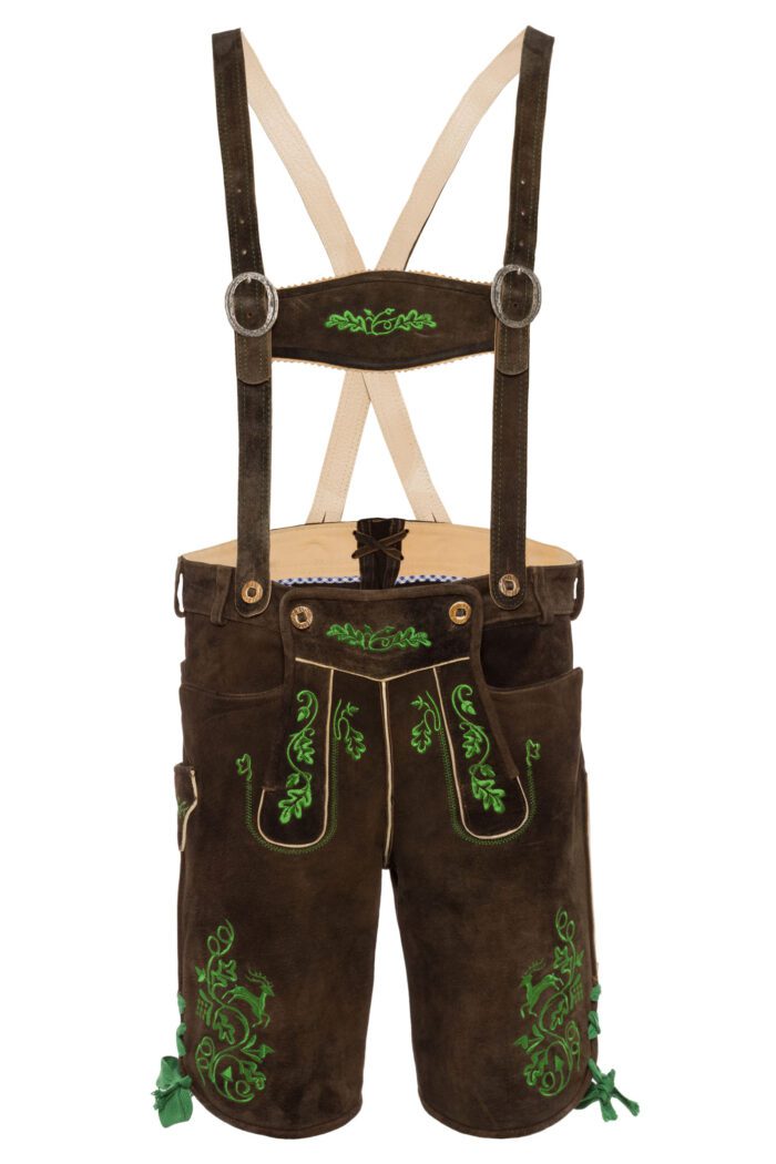Bavarian suede lederhosen with green oak leaf embroidery