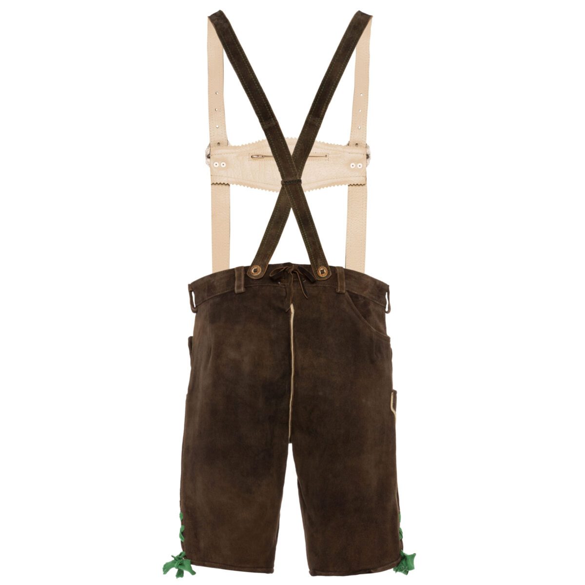 Bavarian suede lederhosen with green oak leaf embroidery back view