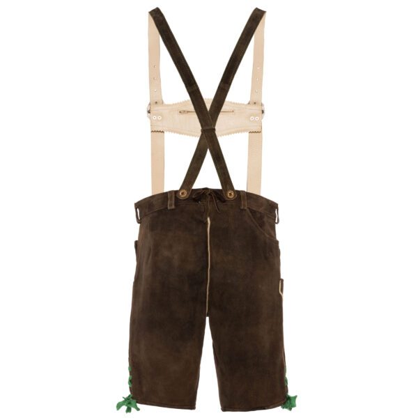 Bavarian suede lederhosen with green oak leaf embroidery back view