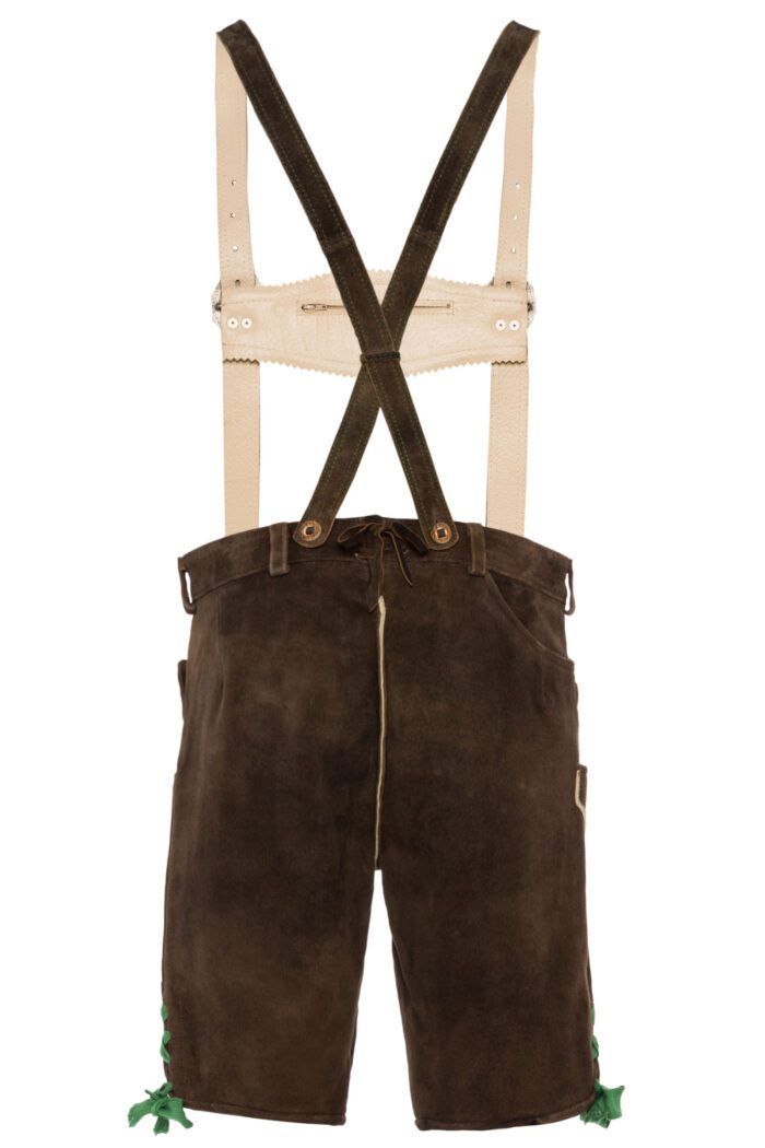 Bavarian suede lederhosen with green oak leaf embroidery back view