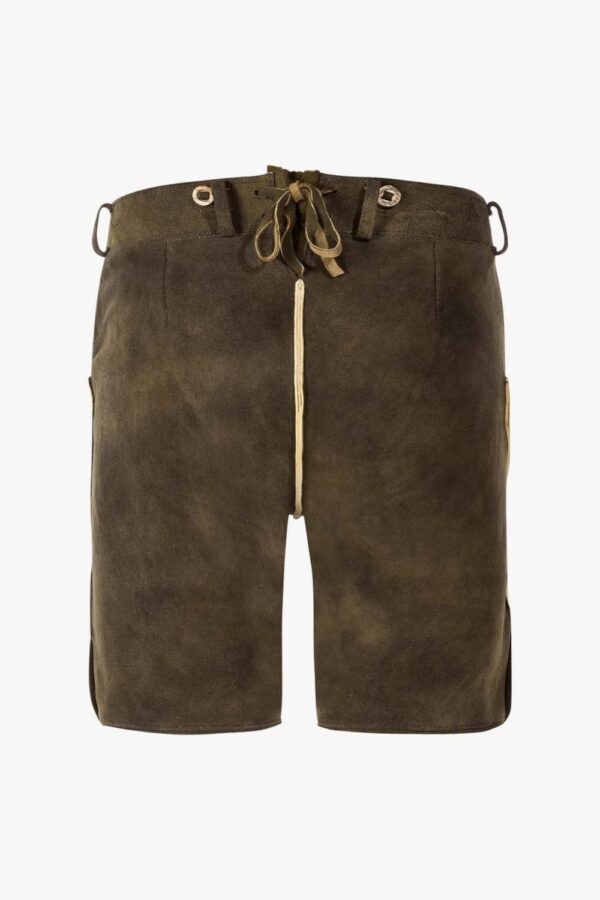 Bavarian Trachten classic brown lederhosen for men with green embroidery showing back