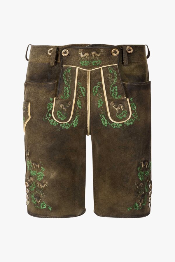 Bavarian Trachten classic brown lederhosen for men with green embroidery front view