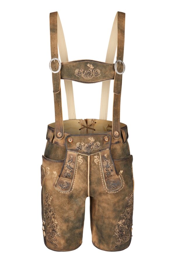 Brown authentic Bavarian lederhosen for men front view traditional Oktoberfest leather shorts