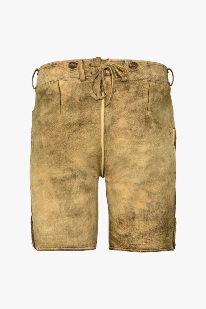 Brown traditional Bavarian lederhosen for men with green embroidery back view