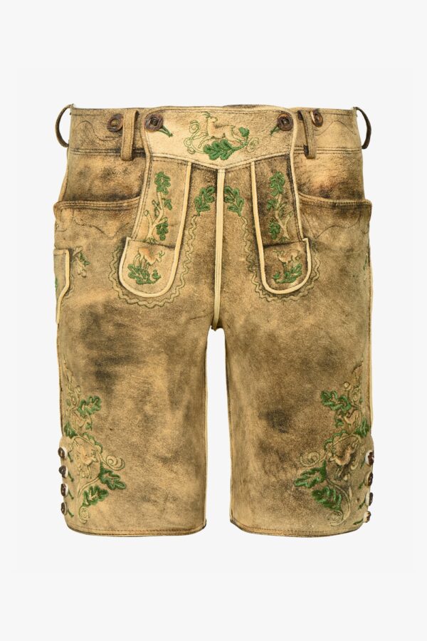 Brown traditional Bavarian lederhosen for men with green embroidery front view