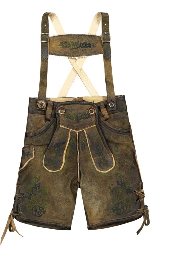 Dark brown Bavarian attire kids lederhosen shorts front view