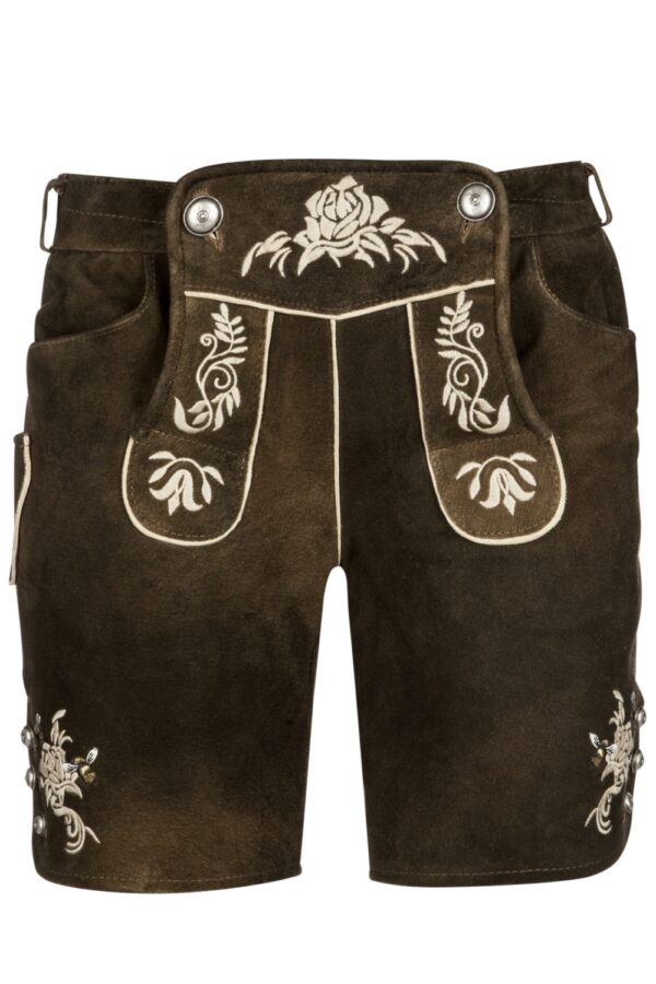 Dark brown traditional Bavarian lederhosen for women front view