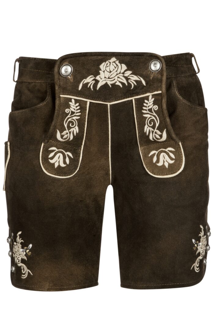 Dark brown traditional Bavarian lederhosen for women front view
