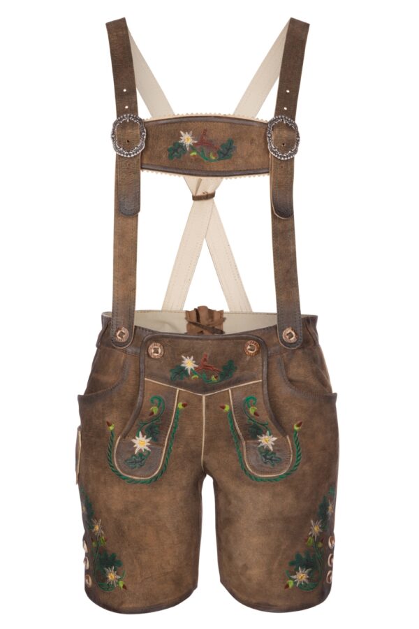 Floral embroidered brown German lederhosen for women front view traditional Bavarian outfit