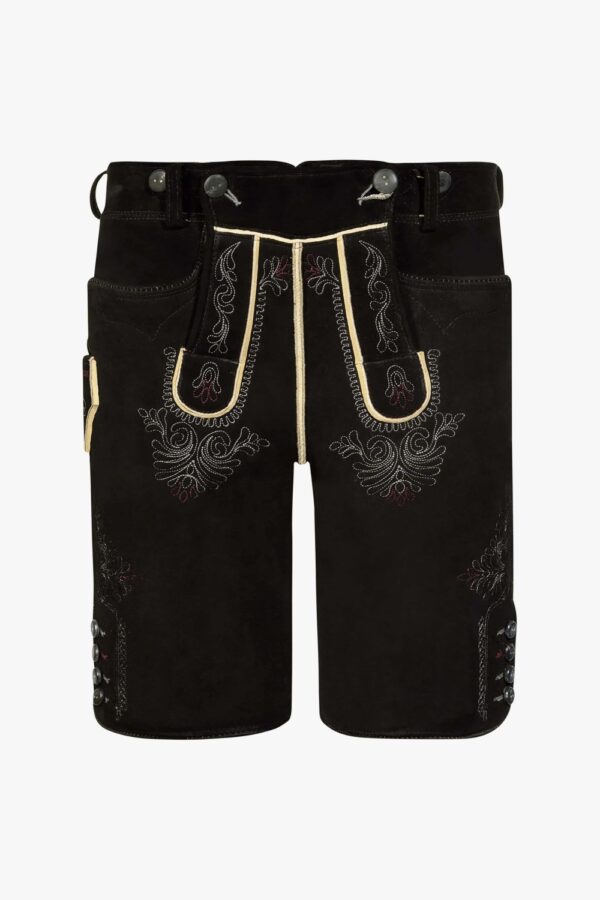 Floral embroidered dark Bavarian lederhosen front view
