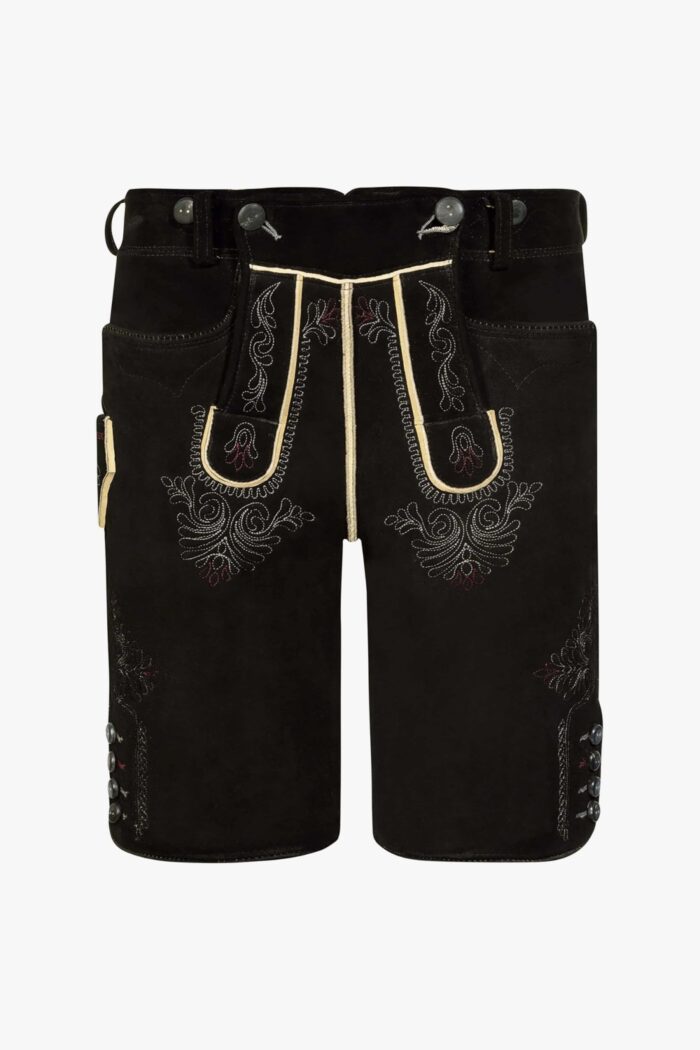 Floral embroidered dark Bavarian lederhosen front view