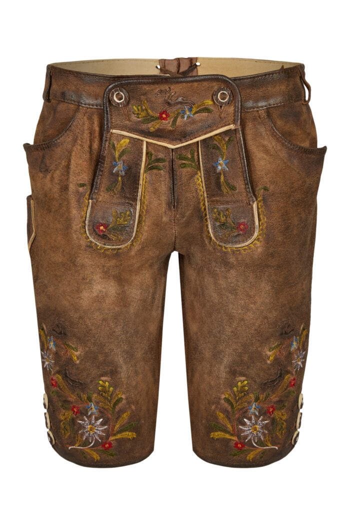 Floral embroidered German Bavarian lederhosen for women front view in brown leather design