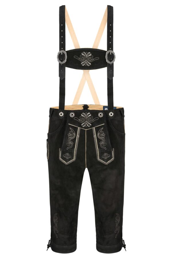 Front view of Midnight Bavarian black Bundhosen with suspender view