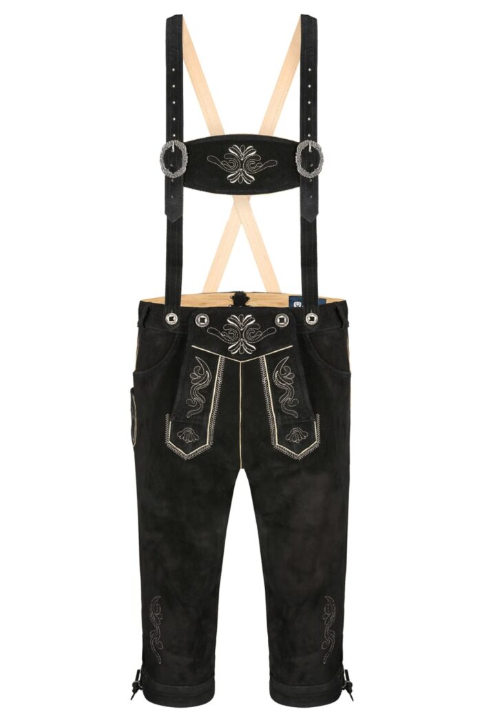 Front view of Midnight Bavarian black Bundhosen with suspender view