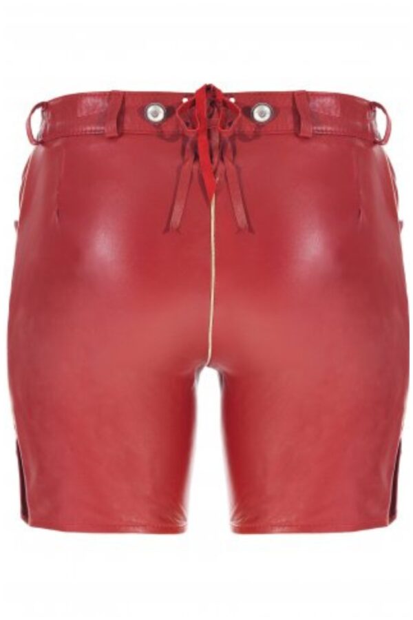 Back view of red German leather lederhosen outfit for women