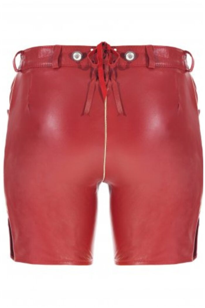Back view of red German leather lederhosen outfit for women