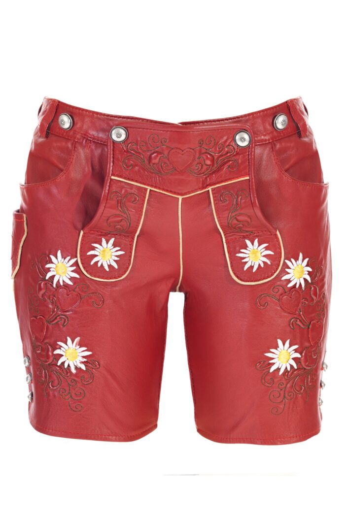 Front view of red German leather lederhosen outfit for women