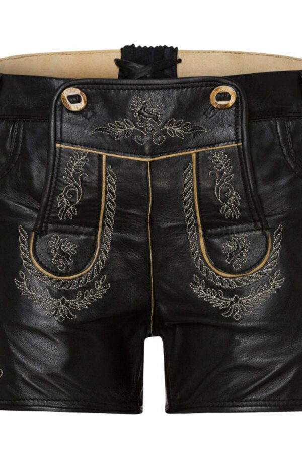 Short black Lederhosen for women with golden embroidery