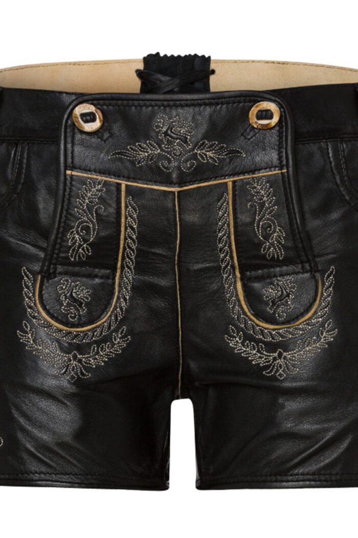 Short black Lederhosen for women with golden embroidery