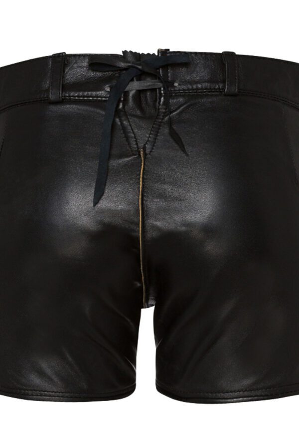 Short black Lederhosen for women with golden embroidery back view