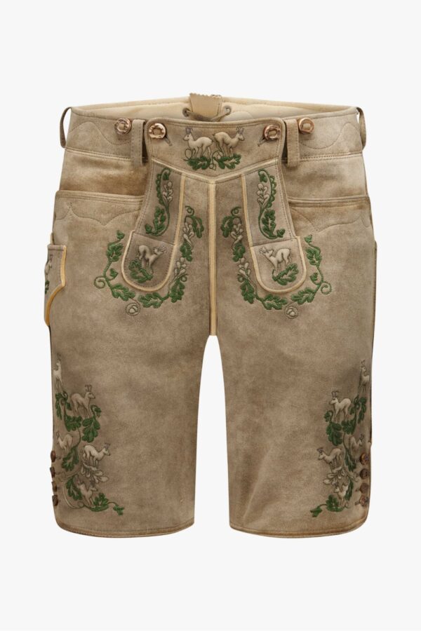 Traditional German Bavarian lederhosen for men with green embroidery front view