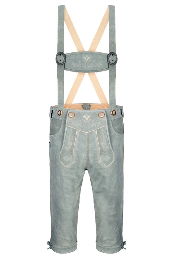 Front view of Bavarian Bliss Bundhosen traditional German men’s outfit featuring classic leather Bavarian trousers with suspenders