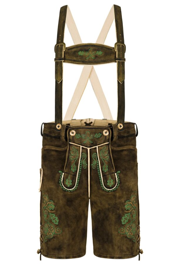 Traditional brown men’s lederhosen with green embroidery