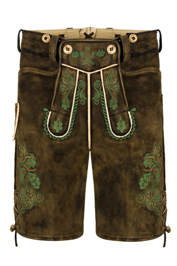 Focus on traditional brown men’s lederhosen with green embroidery