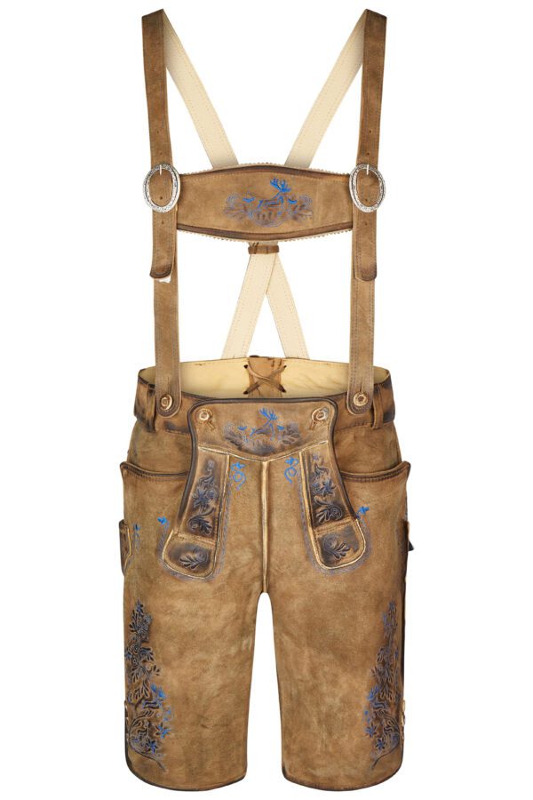 Vintage brown lederhosen with blue floral embroidery